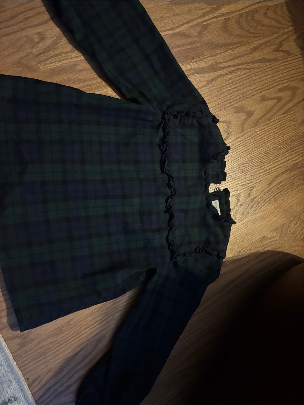 J. Crew Factory Girls' Green and Navy Plaid Ruffle Yoke Blouse
